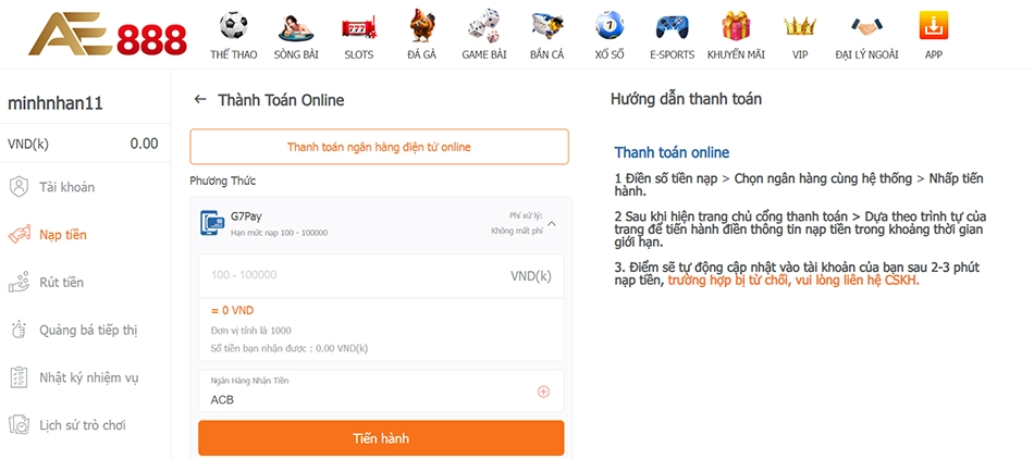 Hướng Dẫn Nạp Tiền AE888 Qua Chuyển Khoản Ngân Hàng