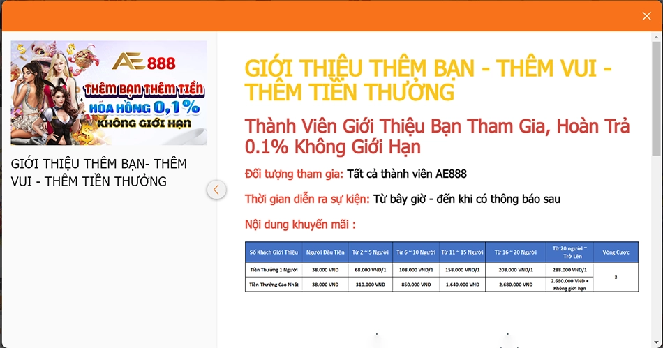 Thông tin khuyến mãi giới thiệu bạn bè AE888